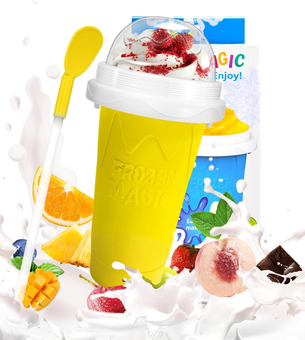 Slushie Cup, DIY Magic Slushy Maker Cup, Portable Slushy Cup for Juices, Milk and Ice Cream Make, Double Layers Silica with Lid & Straw for Kids, Friends, Family (Yellow)