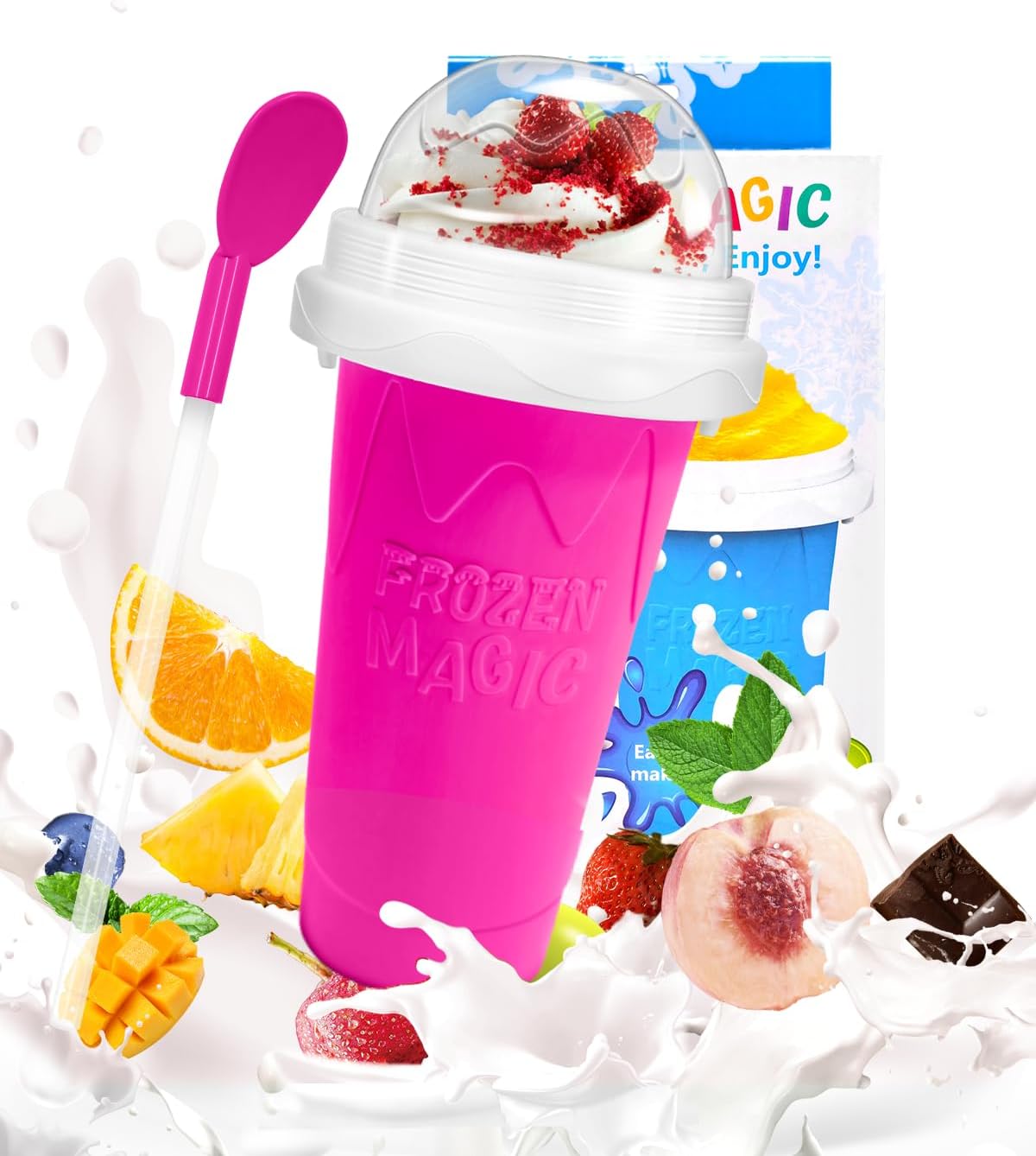 Slushie Cup, DIY Magic Slushy Maker Cups, Portable Slushy Cup for Juices, Milk and Ice Cream Make, Double Layers Silica with Lid & Straw for Kids, Friends, Family (Pink)