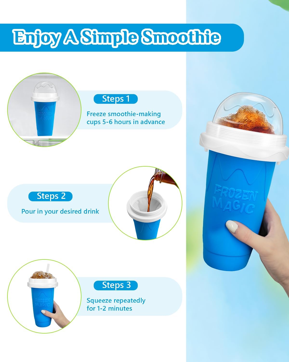 Slushie Cup, DIY Magic Slushy Maker Cups, Portable Slushy Cup for Juices, Milk and Ice Cream Make, Double Layers Silica with Lid & Straw for Kids, Friends, Family (Blue)