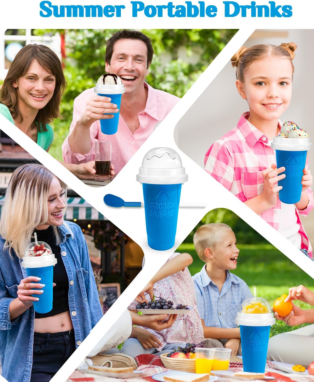 Slushie Cup, DIY Magic Slushy Maker Cups, Portable Slushy Cup for Juices, Milk and Ice Cream Make, Double Layers Silica with Lid & Straw for Kids, Friends, Family (Blue)