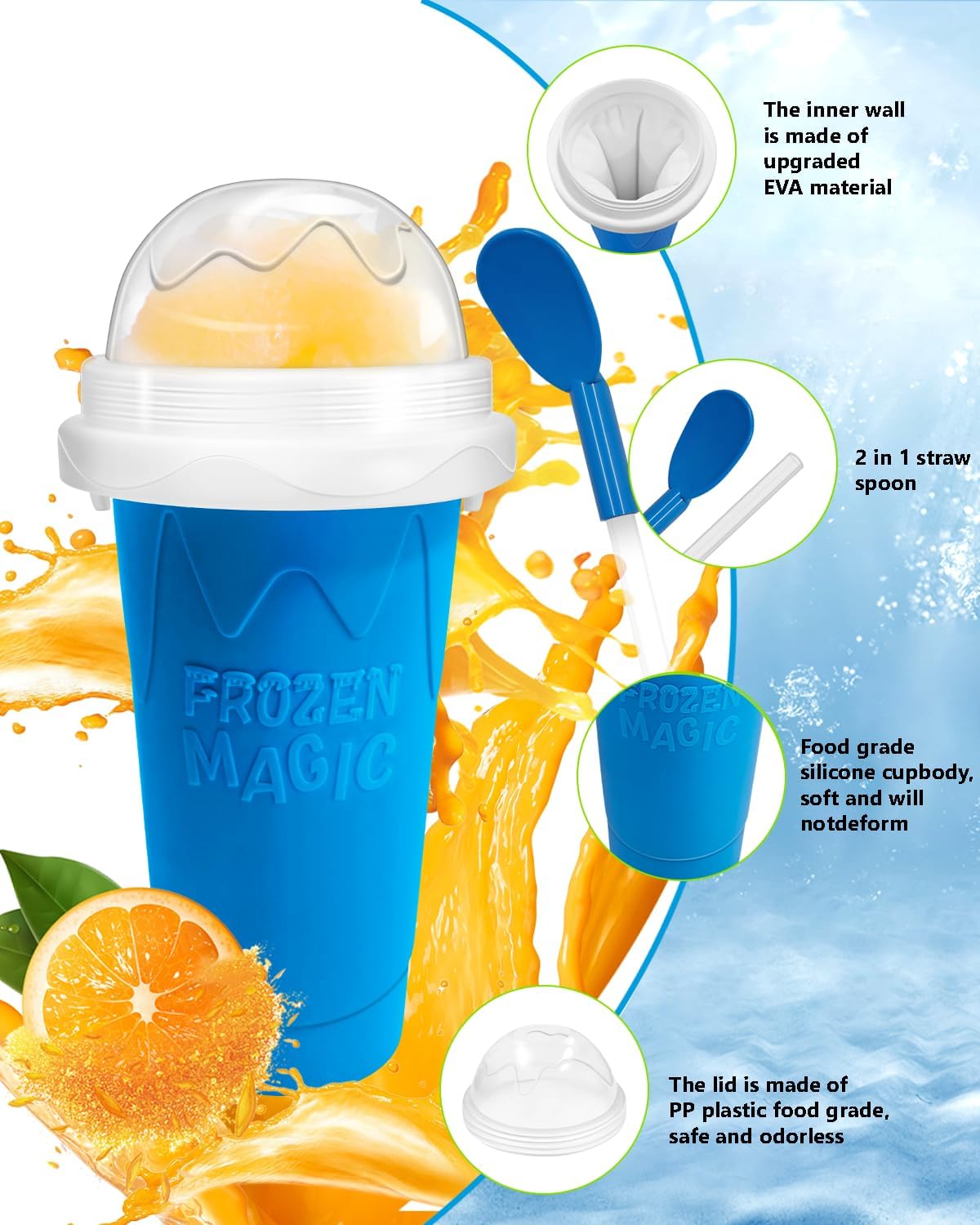 Slushie Cup, DIY Magic Slushy Maker Cups, Portable Slushy Cup for Juices, Milk and Ice Cream Make, Double Layers Silica with Lid & Straw for Kids, Friends, Family (Blue)