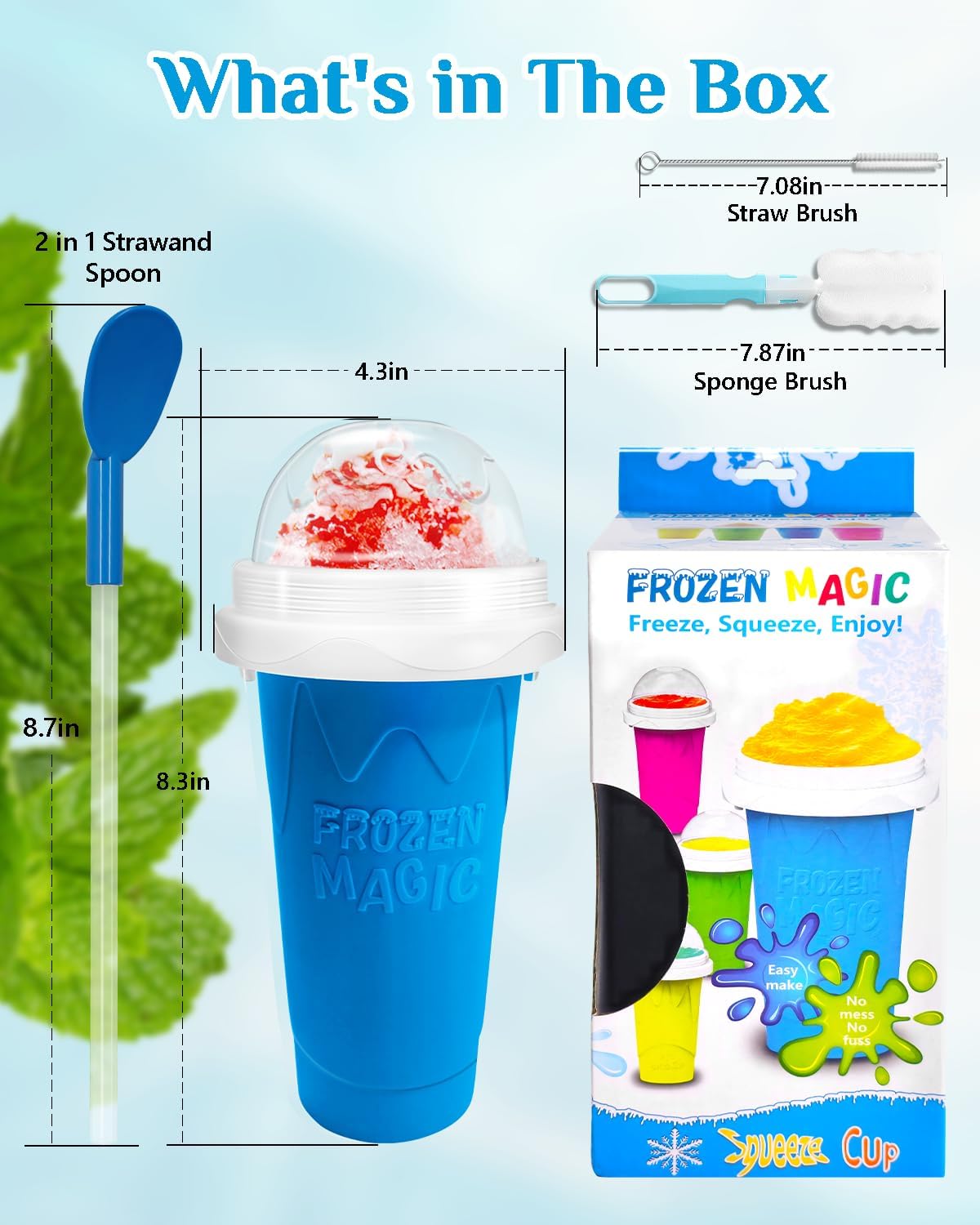 Slushie Cup, DIY Magic Slushy Maker Cups, Portable Slushy Cup for Juices, Milk and Ice Cream Make, Double Layers Silica with Lid & Straw for Kids, Friends, Family (Blue)